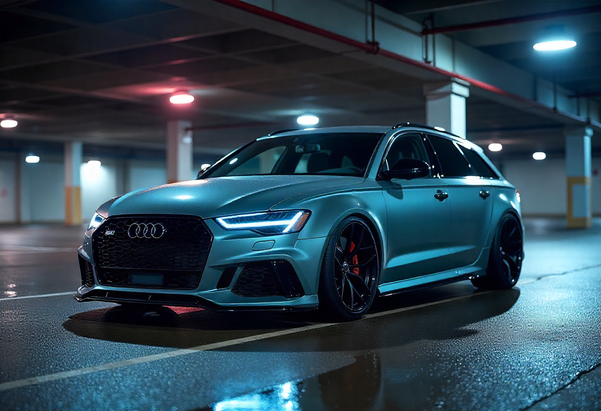 سيارة أودي RS6 Avant زرقاء اللون، تقف في مرآب واسع، مع إضاءة خافتة تبرز تفاصيلها الأمامية الأنيقة وتصميمها الرياضي.