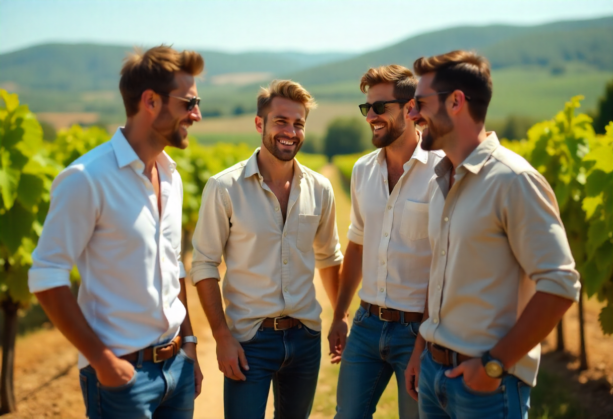 أربعة أصدقاء يضحكون ويرتدون قمصانًا بيضاء في مزرعة عنب مشمسة.