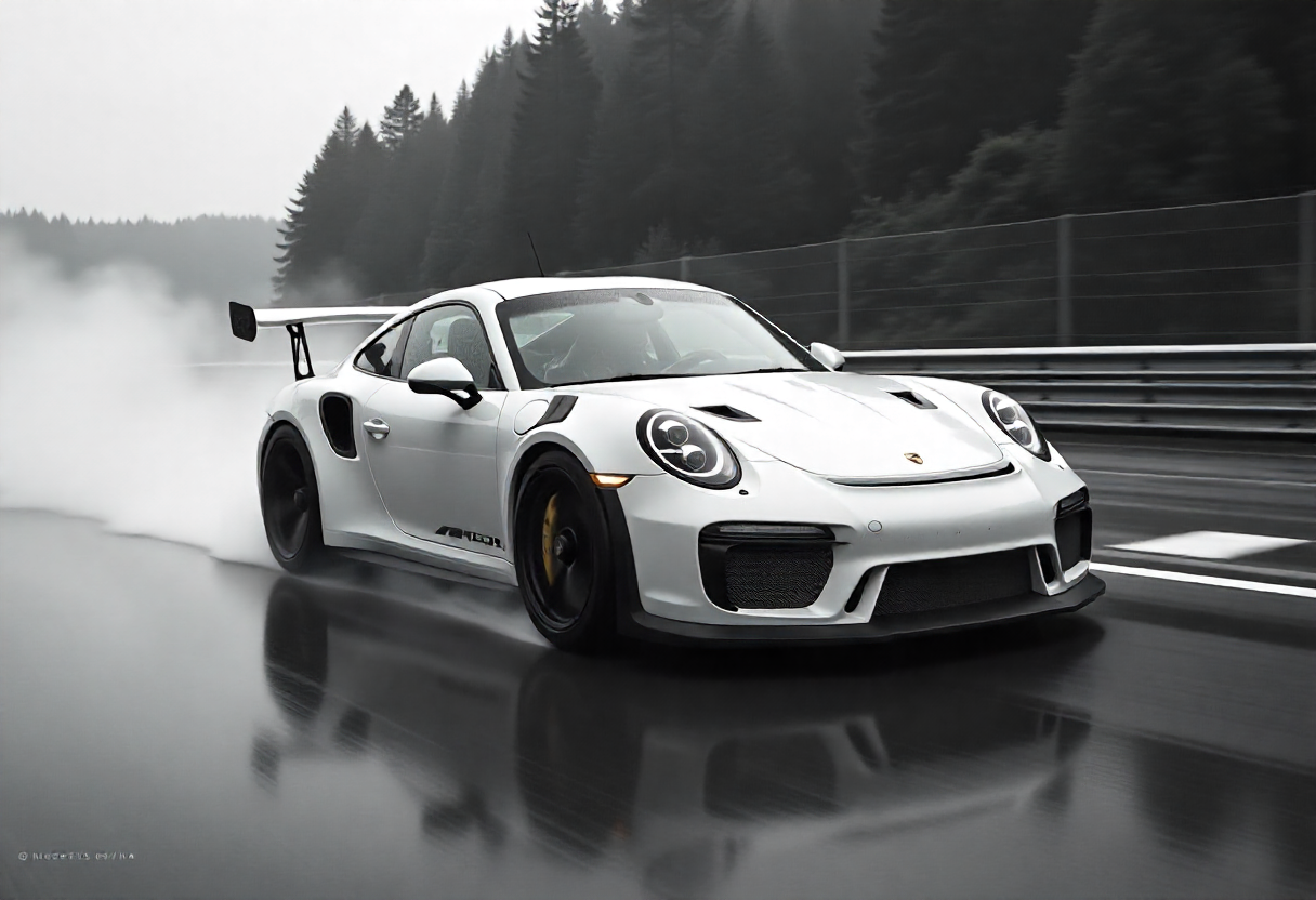بورش 911 GT2 RS بيضاء على حلبة مبللة مع رذاذ ماء، تصميم سباقي بجناح خلفي.