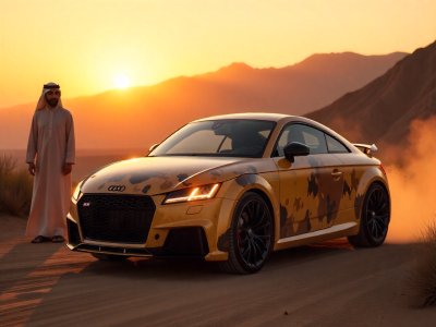 سيارة أودي TT رياضية بلون مموه ذهبي، تقف في صحراء، مع شروق الشمس ورجل يرتدي الزي العربي التقليدي بجانبها.