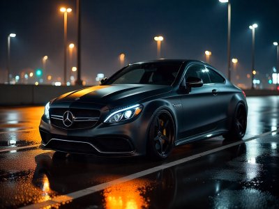 سيارة مرسيدس AMG كوبيه سوداء غير لامعة واقفة في الشارع ليلاً تحت أضواء المصابيح، مما يعكس الأضواء على الرصيف المبلل.