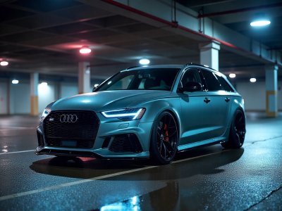سيارة أودي RS6 Avant زرقاء اللون، تقف في مرآب واسع، مع إضاءة خافتة تبرز تفاصيلها الأمامية الأنيقة وتصميمها الرياضي.