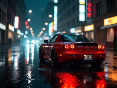 سيارة مازدا RX-7 حمراء اللون، مصورة من الخلف في شارع مدينة ليلاً، مع انعكاسات أضواء المدينة على الطريق المبلل.