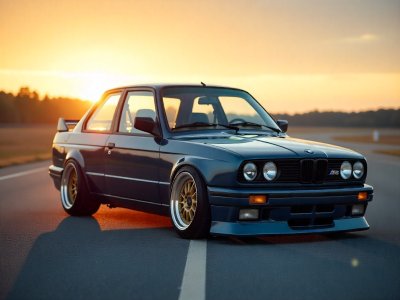 سيارة بي إم دبليو قديمة كلاسيكية (E30) زرقاء اللون، مصورة عند شروق الشمس، مع خلفية واسعة وسماء صافية.