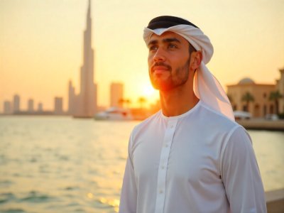 رجل خليجي يرتدي غترة ودشداشة بيضاء، يقف أمام برج خليفة عند غروب الشمس في دبي.