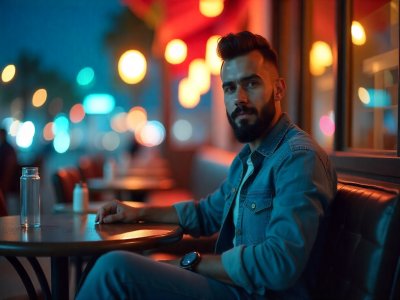 رجل بلحية يرتدي جاكيت جينز يجلس على طاولة مقهى في شارع مضاء ليلاً
