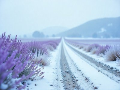 صورة حقل لافندر أرجواني مغطى بالثلوج.