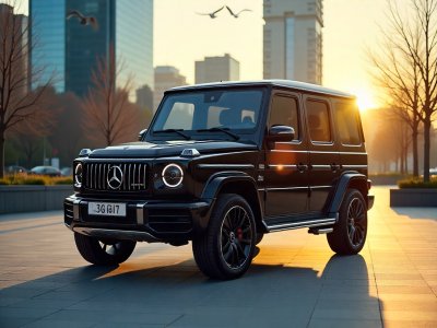 صورة مرسيدس G-Class سوداء في شارع حضري عند غروب الشمس، تصميم قوي مع خلفية أشجار ومبانٍ.