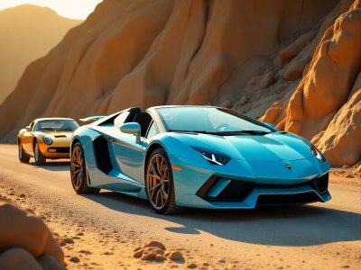 لامبورغيني أفنتادور زرقاء في طريق صحراوي بجانب سيارة صفراء، خلفية جبلية عند الغروب.