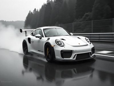 بورش 911 GT2 RS بيضاء على حلبة مبللة مع رذاذ ماء، تصميم سباقي بجناح خلفي.