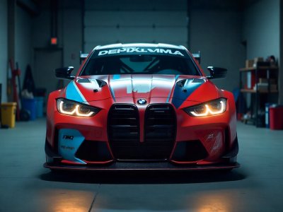 بي إم دبليو M4 حمراء في ورشة عمل، تصميم سباقي مع ألوان زرقاء وحمراء.