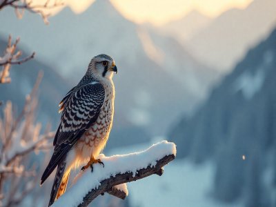 صورة صقر جالس على غصن مغطى بالثلج في الجبال