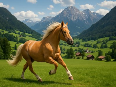 صورة حصان بالومينو يركض في مرج نمساوي.