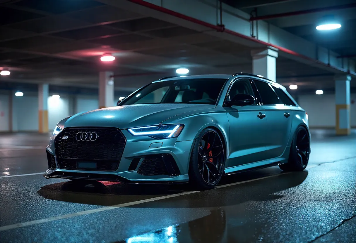 سيارة أودي RS6 Avant زرقاء اللون، تقف في مرآب واسع، مع إضاءة خافتة تبرز تفاصيلها الأمامية الأنيقة وتصميمها الرياضي.