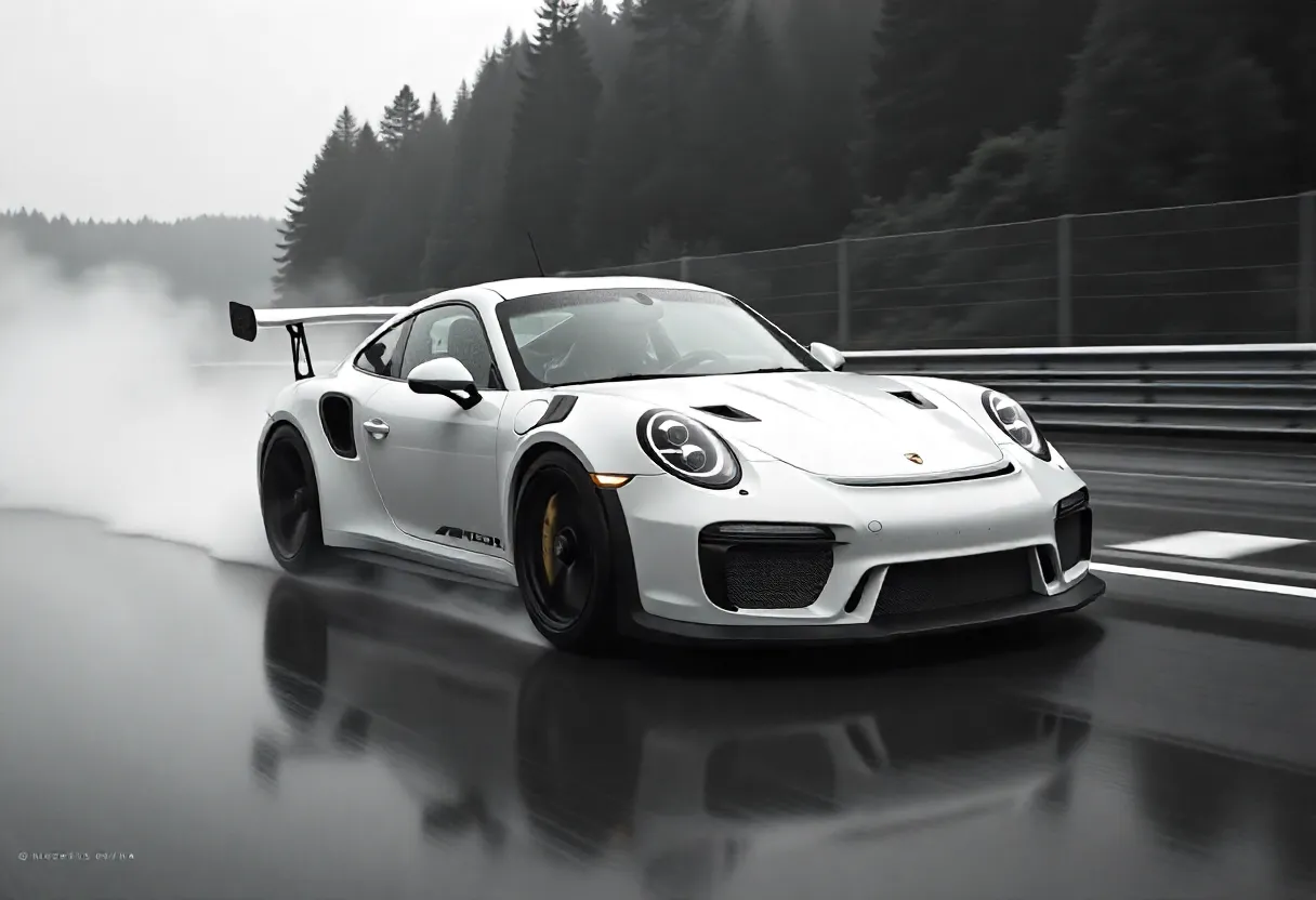 بورش 911 GT2 RS بيضاء على حلبة مبللة مع رذاذ ماء، تصميم سباقي بجناح خلفي.